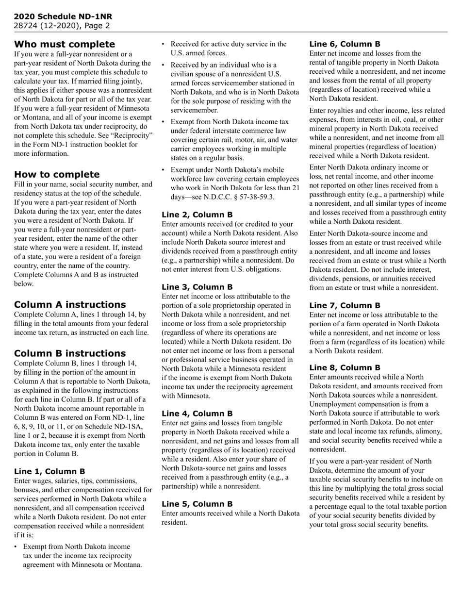 Form SFN28724 Schedule ND-1NR Tax Calculation for Nonresidents and Part-Year Residents - North Dakota, Page 2