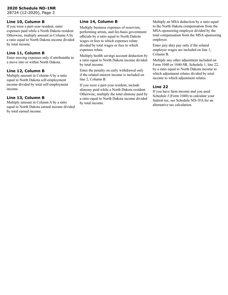 Form SFN28724 Schedule ND-1NR Tax Calculation for Nonresidents and Part-Year Residents - North Dakota, Page 3
