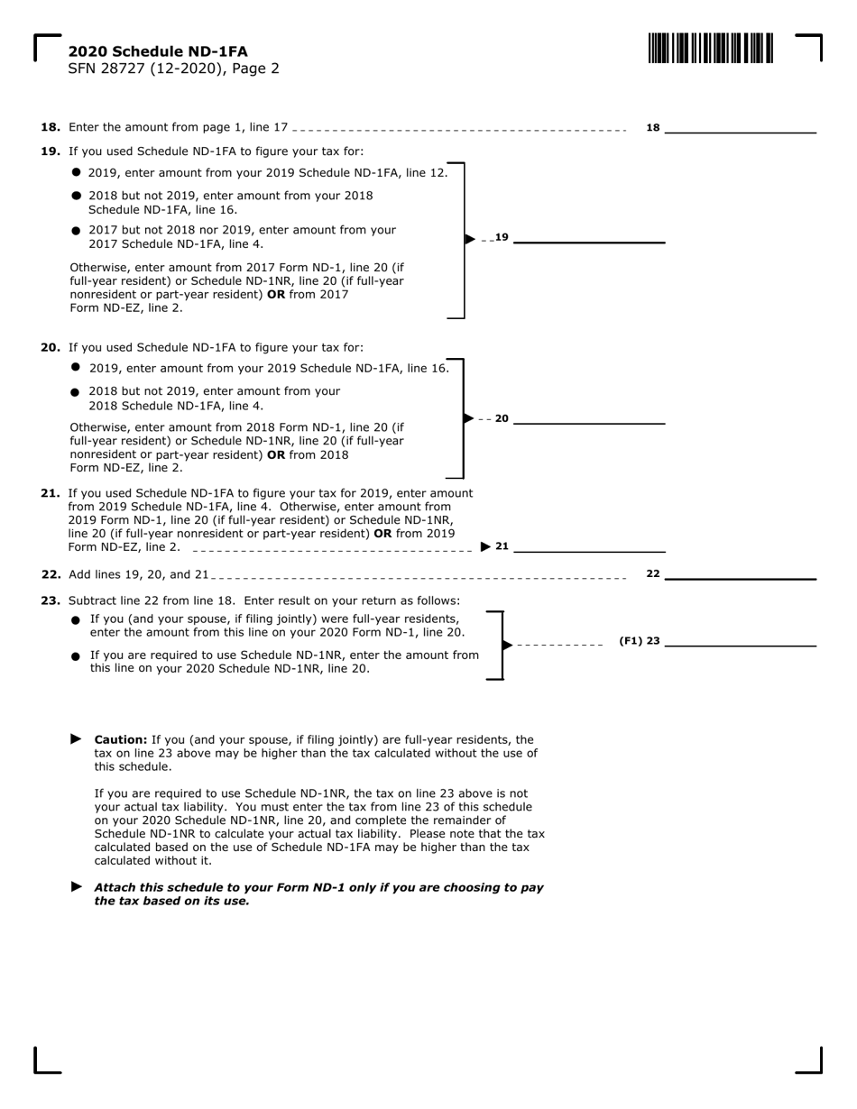 Form SFN28727 Schedule ND-1FA Tax Under 3-year Averaging Method for Elected Farm Income - North Dakota, Page 2