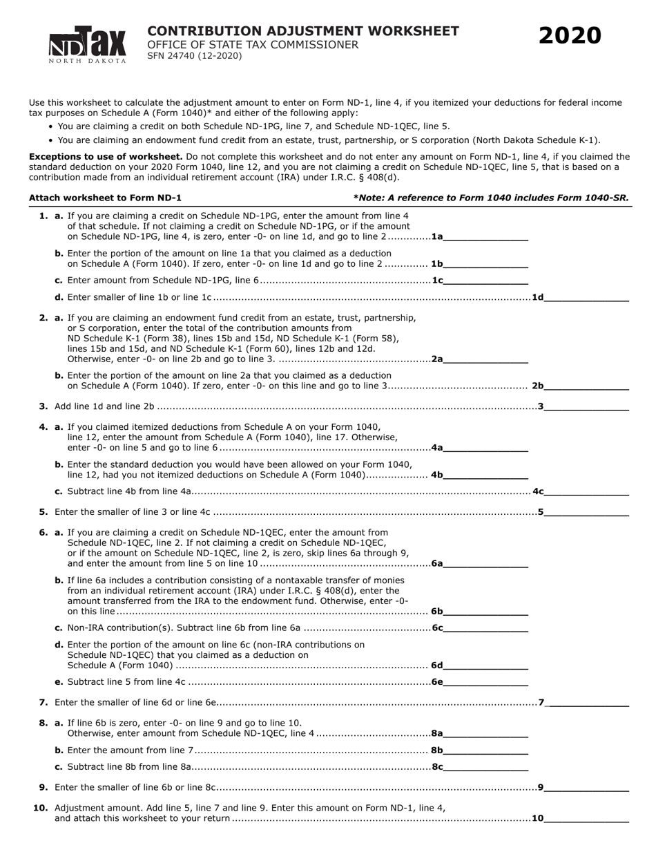 Form SFN24740 Contribution Adjustment Worksheet - North Dakota, Page 1