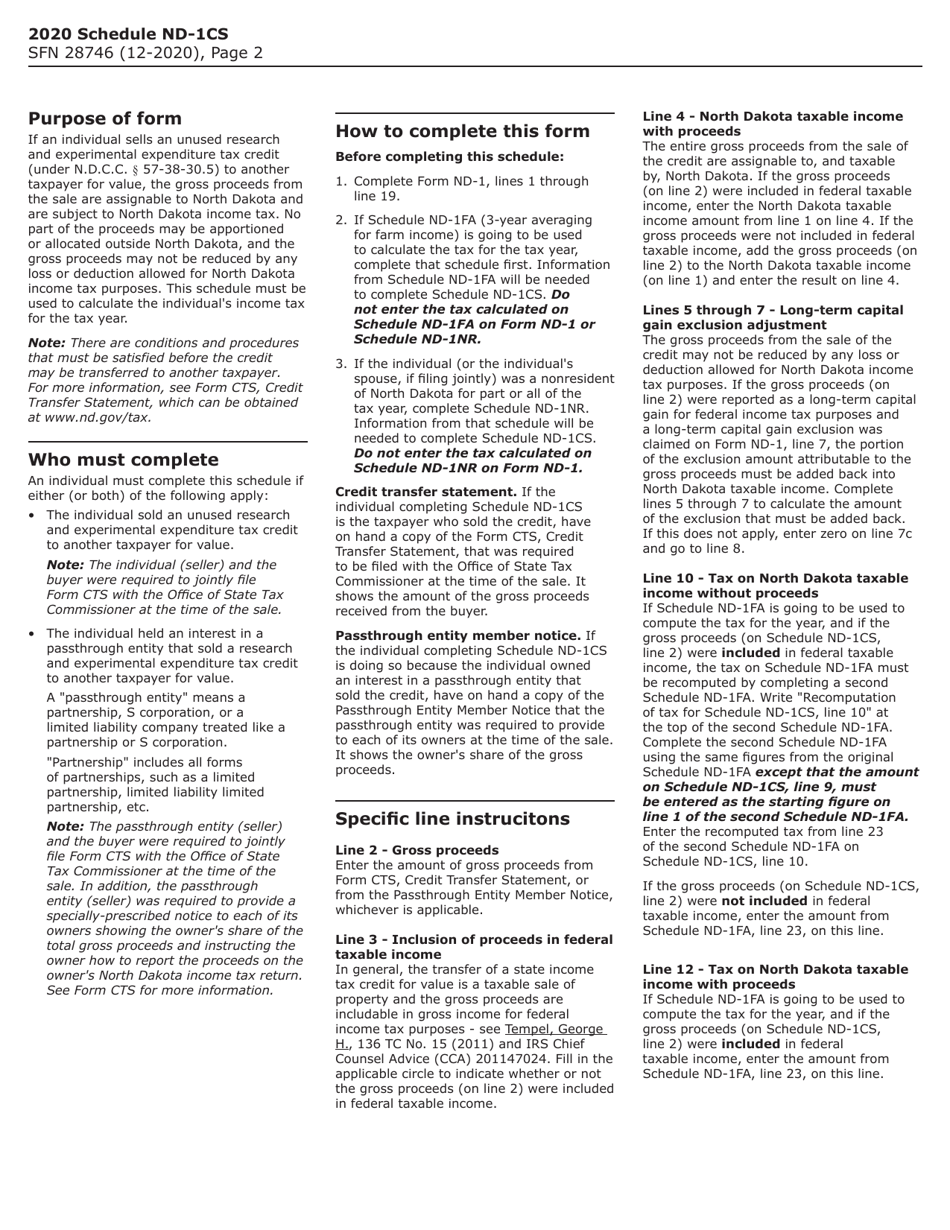 Form SFN28746 Schedule ND-1CS Calculation of Tax on Proceeds From Sale of Income Tax Credit - North Dakota, Page 2