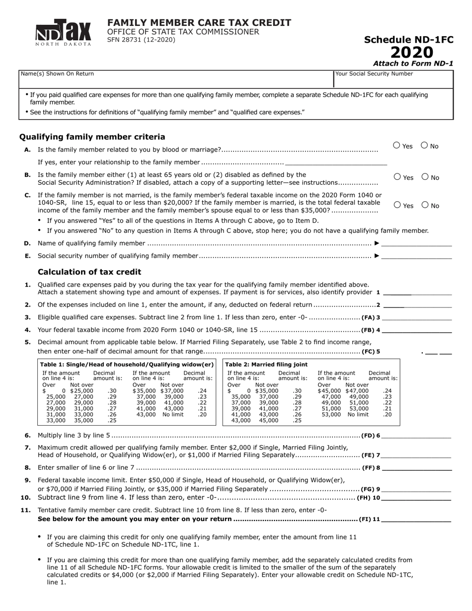 Form SFN28731 Schedule ND-1FC Family Member Care Tax Credit - North Dakota, Page 1