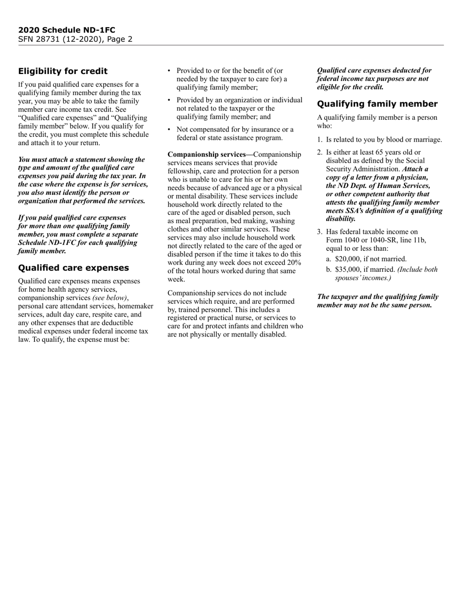 Form SFN28731 Schedule ND-1FC Family Member Care Tax Credit - North Dakota, Page 2