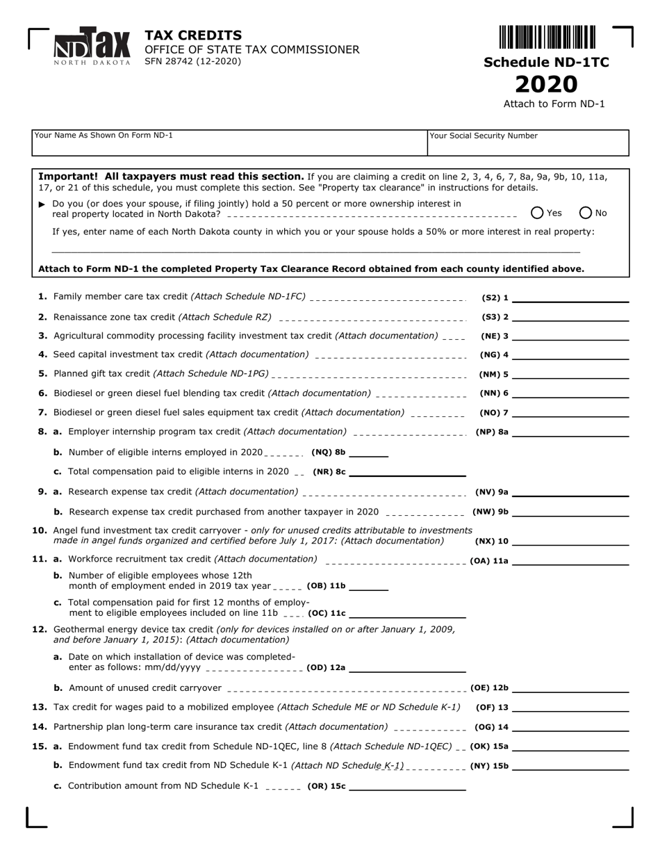 Form SFN28742 Schedule ND-1TC Tax Credits - North Dakota, Page 1