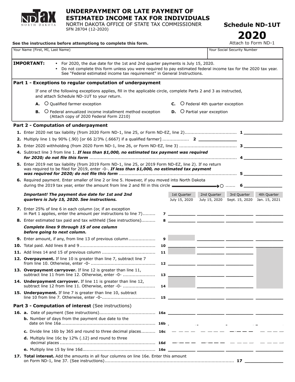 Form SFN28704 Schedule ND-1UT Underpayment or Late Payment of Estimated Income Tax for Individuals - North Dakota, Page 1