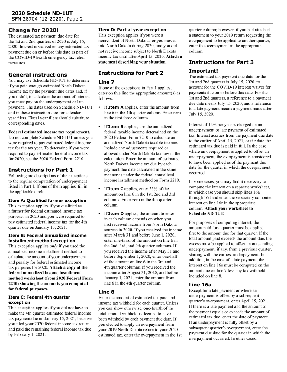 Form SFN28704 Schedule ND-1UT Underpayment or Late Payment of Estimated Income Tax for Individuals - North Dakota, Page 2