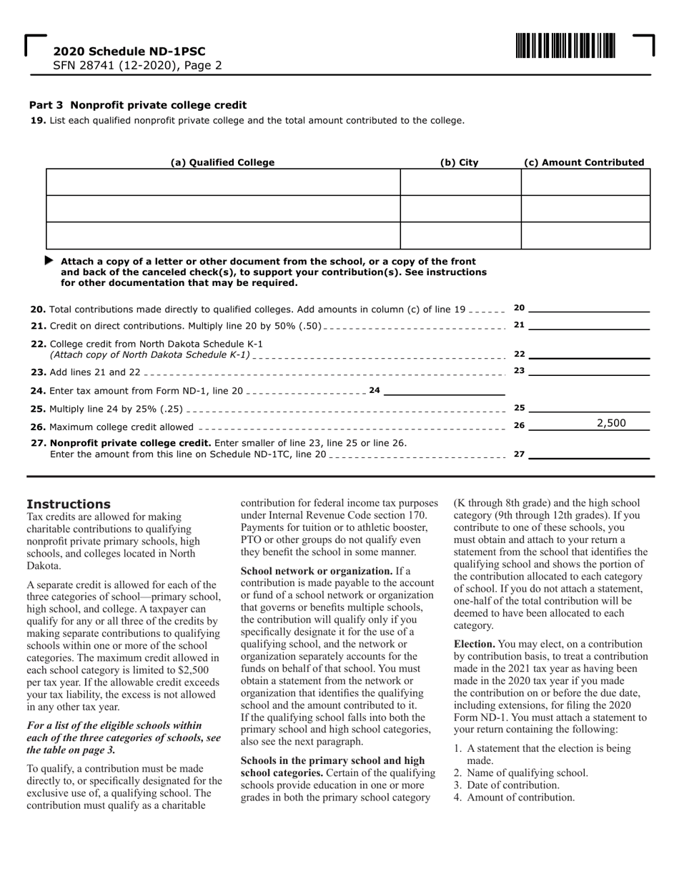 Form SFN28741 Schedule ND-1PSC Nonprofit Private School Tax Credits for Individuals - North Dakota, Page 2
