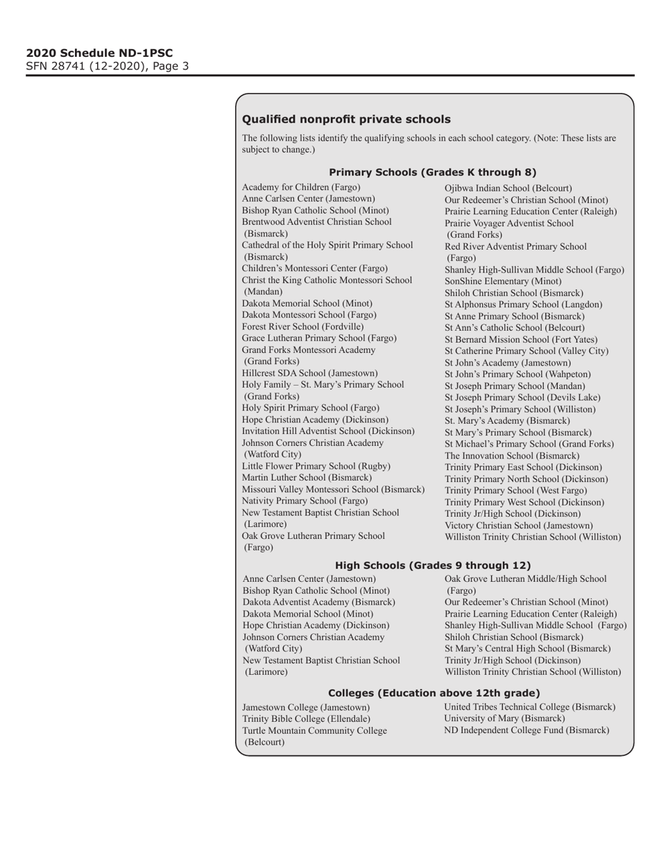 Form SFN28741 Schedule ND-1PSC Nonprofit Private School Tax Credits for Individuals - North Dakota, Page 3