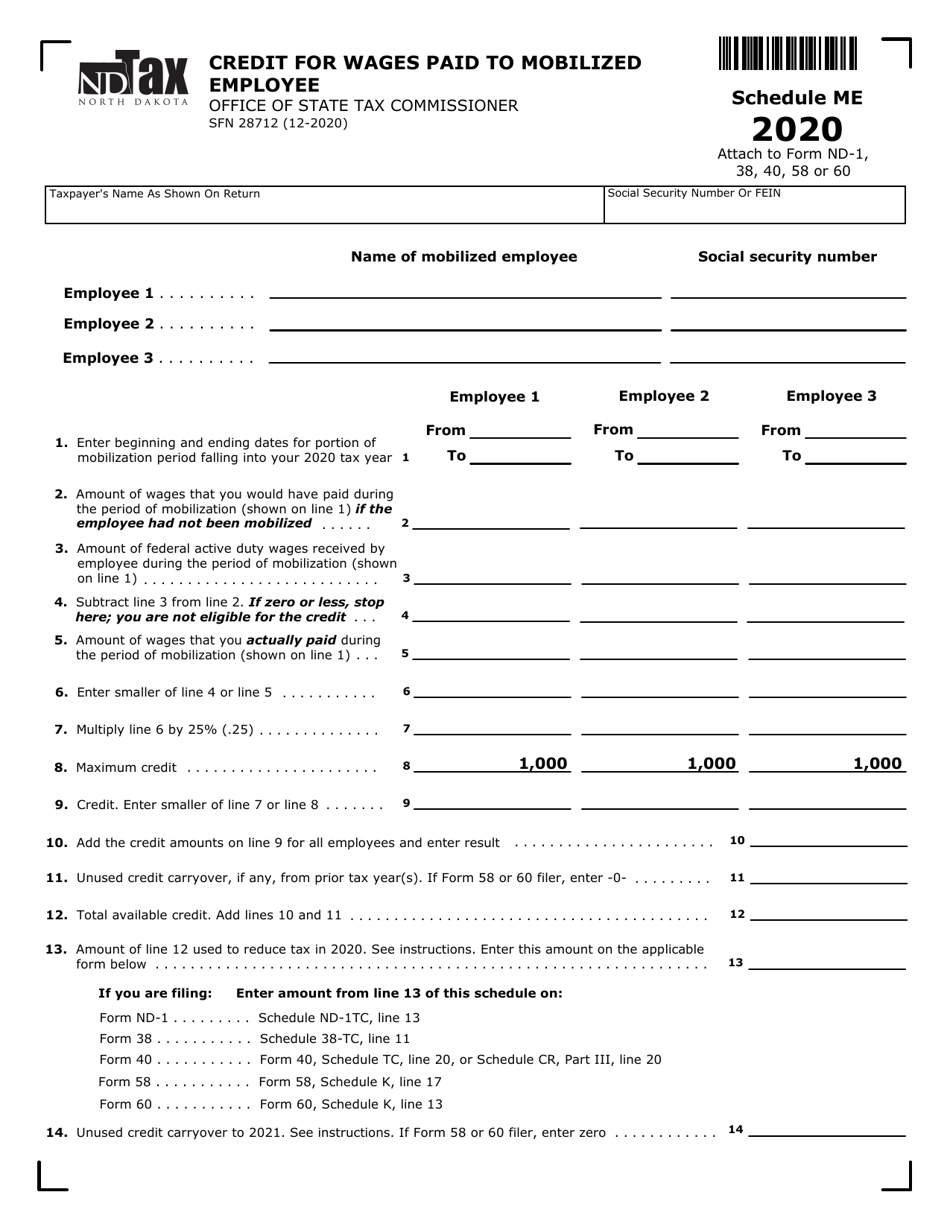 Form SFN28712 Schedule ME Credit for Wages Paid to Mobilized Employee - North Dakota, Page 1