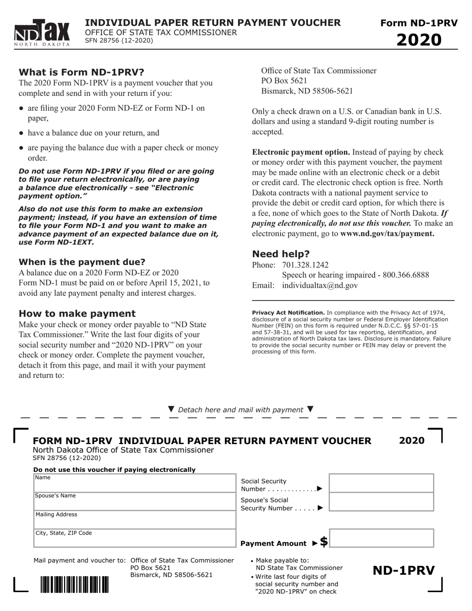 Form ND-1PRV (SFN28756) Individual Paper Return Payment Voucher - North Dakota, Page 1
