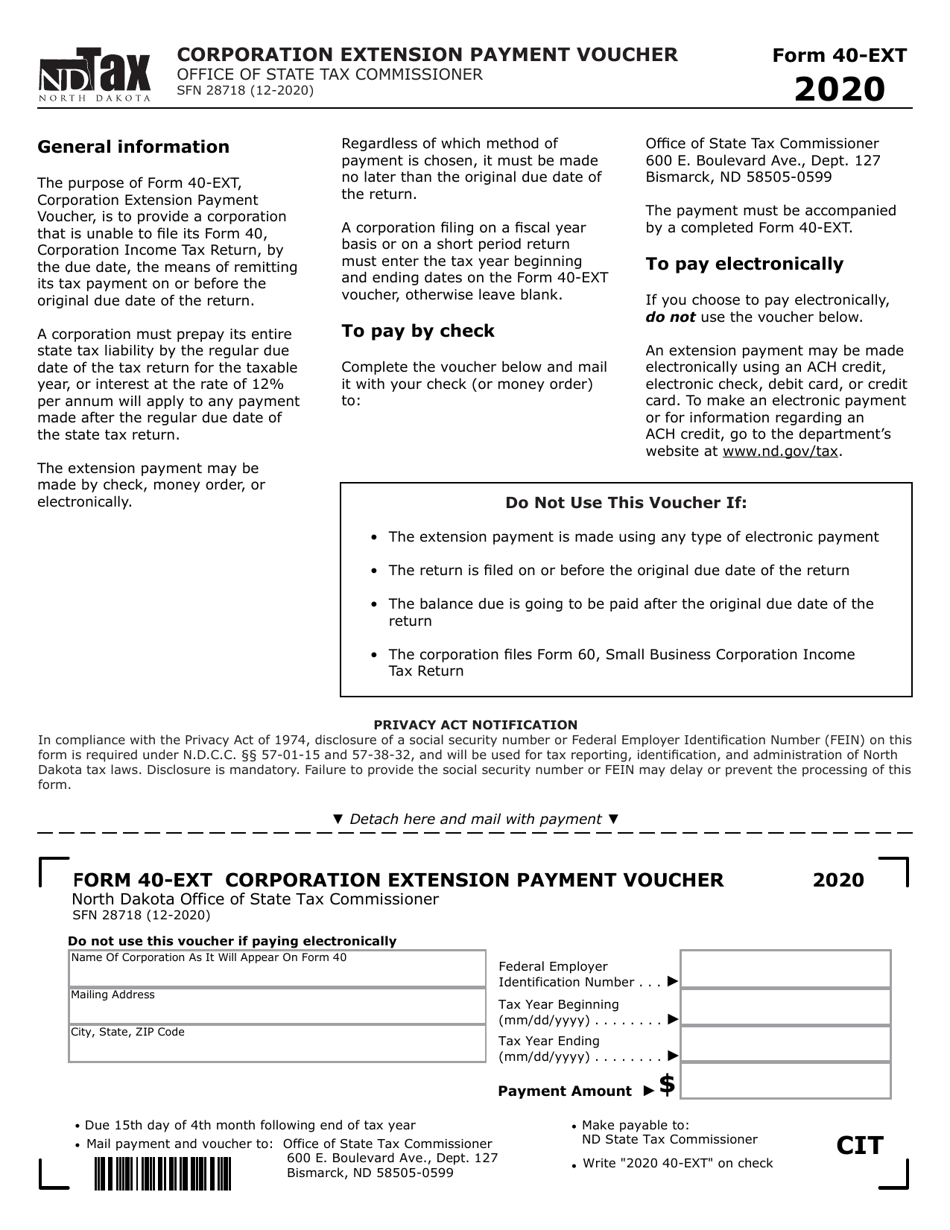 Form 40-EXT (SFN28718) Corporation Extension Payment Voucher - North Dakota, Page 1