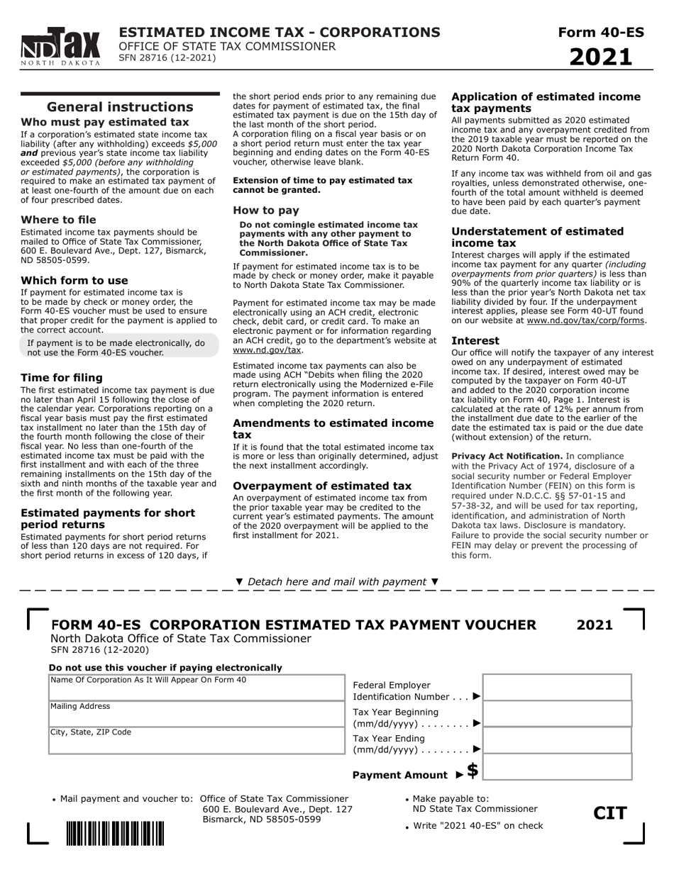 Form 40-ES (SFN28716) Corporation Estimated Tax Payment Voucher - North Dakota, Page 1