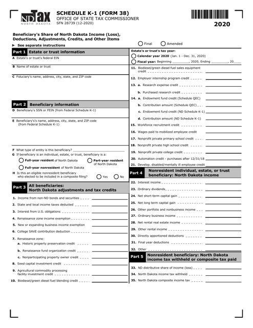 Form 38 (SFN28739) Schedule K-1 2020 Printable Pdf