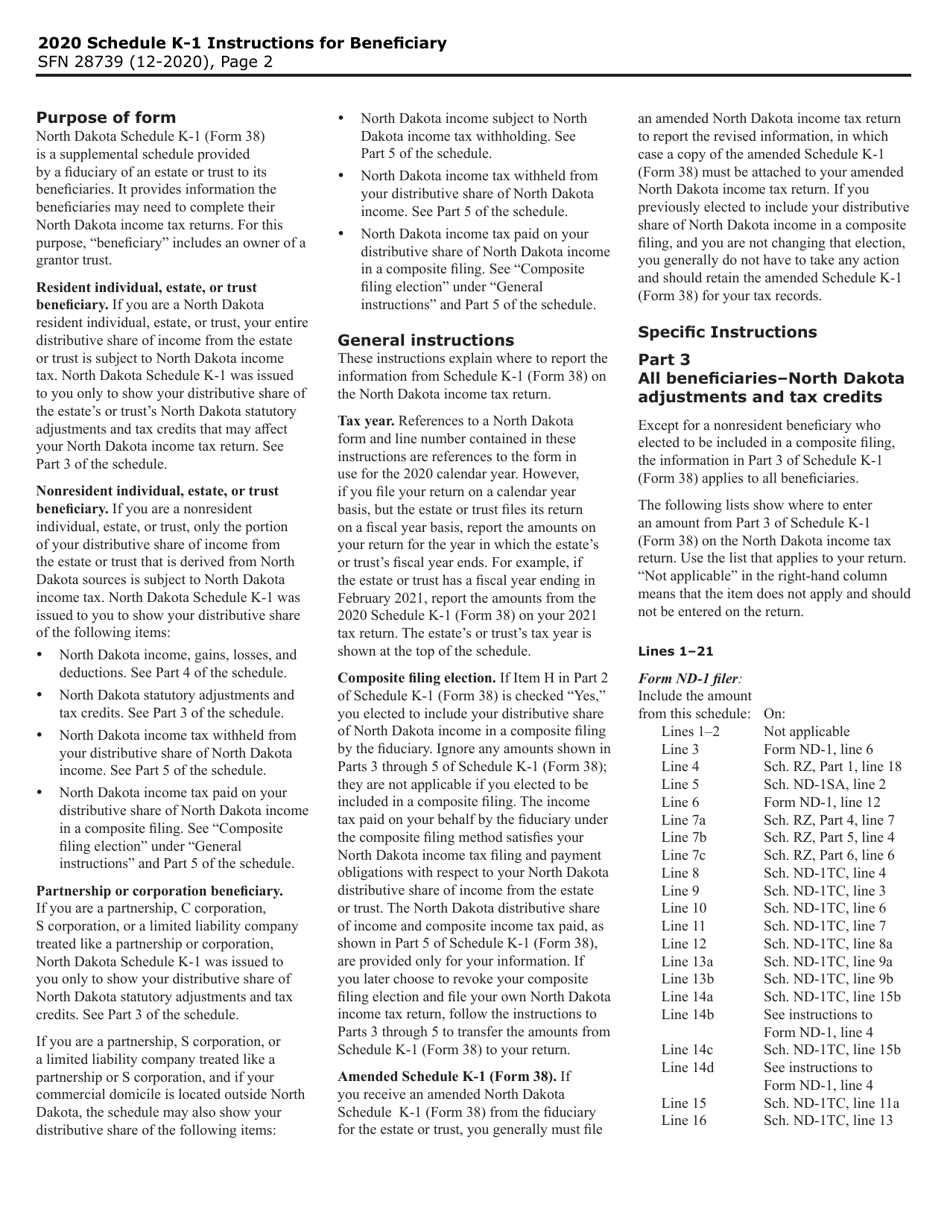Form 38 (SFN28739) Schedule K-1 Beneficiarys Share of North Dakota Income (Loss), Deductions, Adjustments, Credits, and Other Items - North Dakota, Page 2