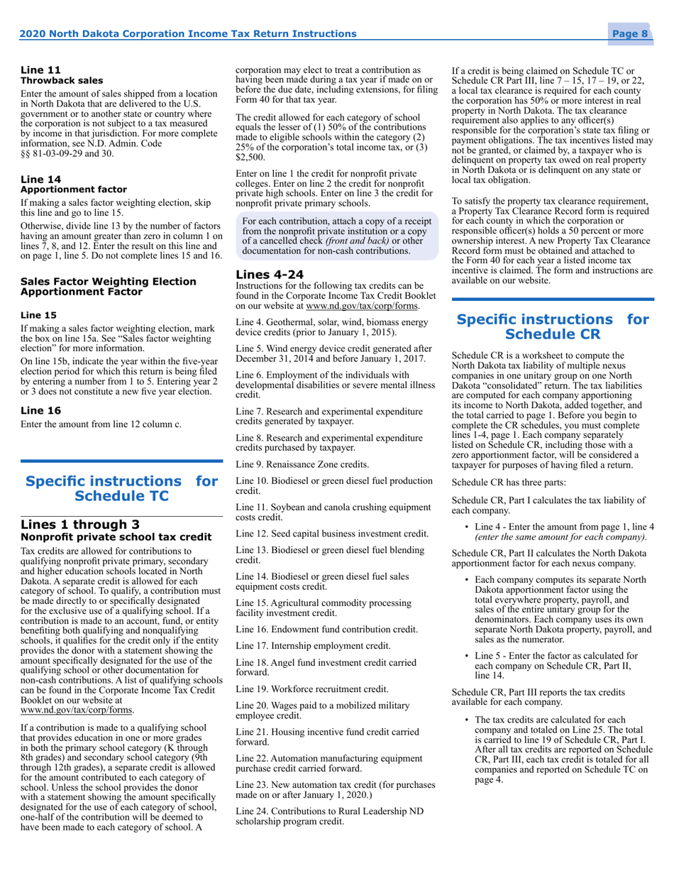 Instructions for Form 40, SFN28740 Corporation Income Tax Return - North Dakota, Page 10