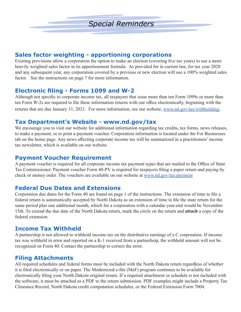 Instructions for Form 40, SFN28740 Corporation Income Tax Return - North Dakota, Page 2