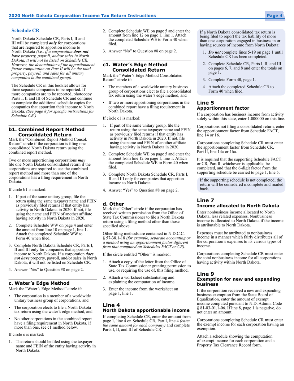 Instructions for Form 40, SFN28740 Corporation Income Tax Return - North Dakota, Page 6