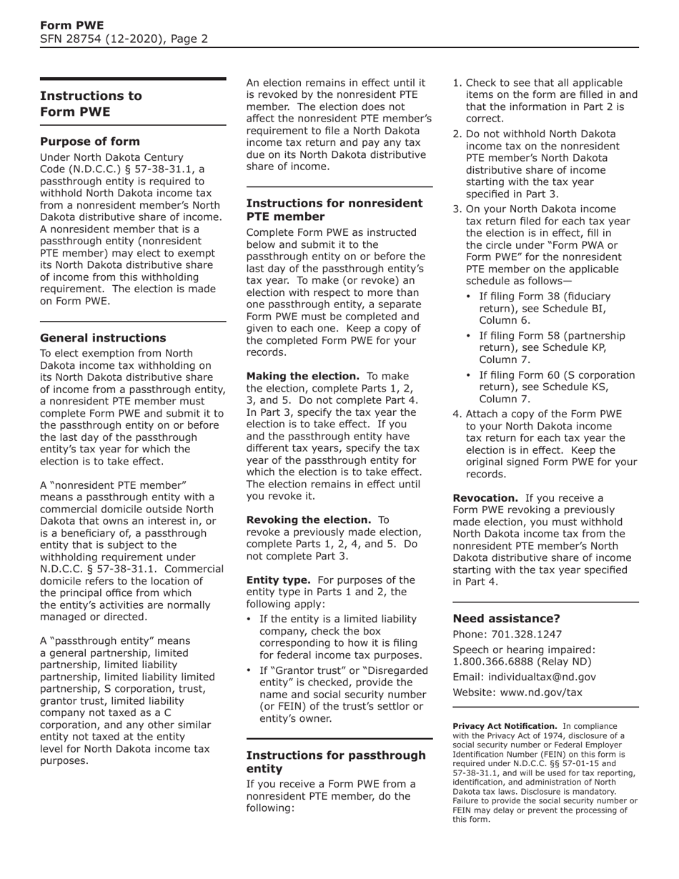 Form PWE (SFN28754) Nonresident Passthrough Entity Member Witholding Exemption and Certification - North Dakota, Page 2