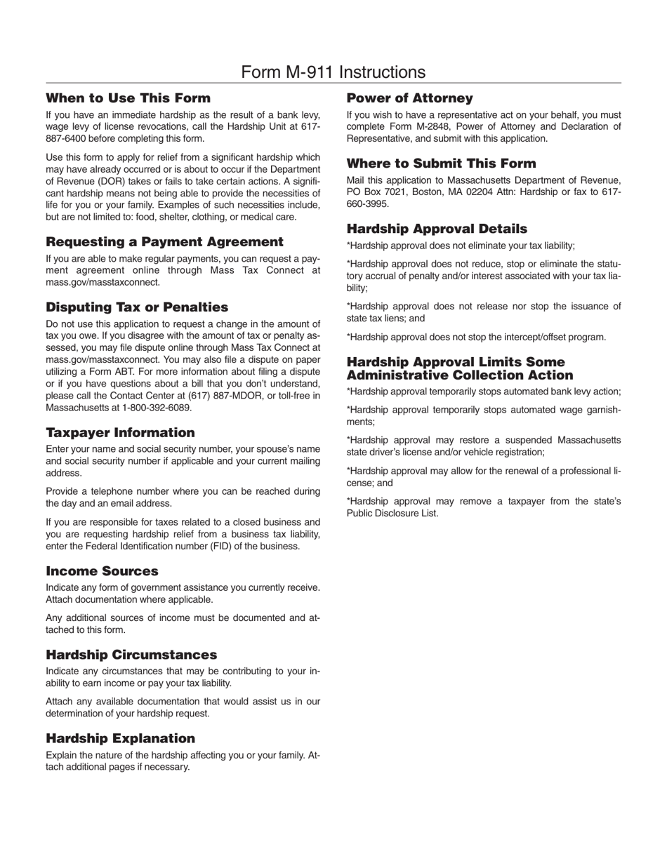 Form M-911 Taxpayers Application for Relief Due to Hardship - Massachusetts, Page 2