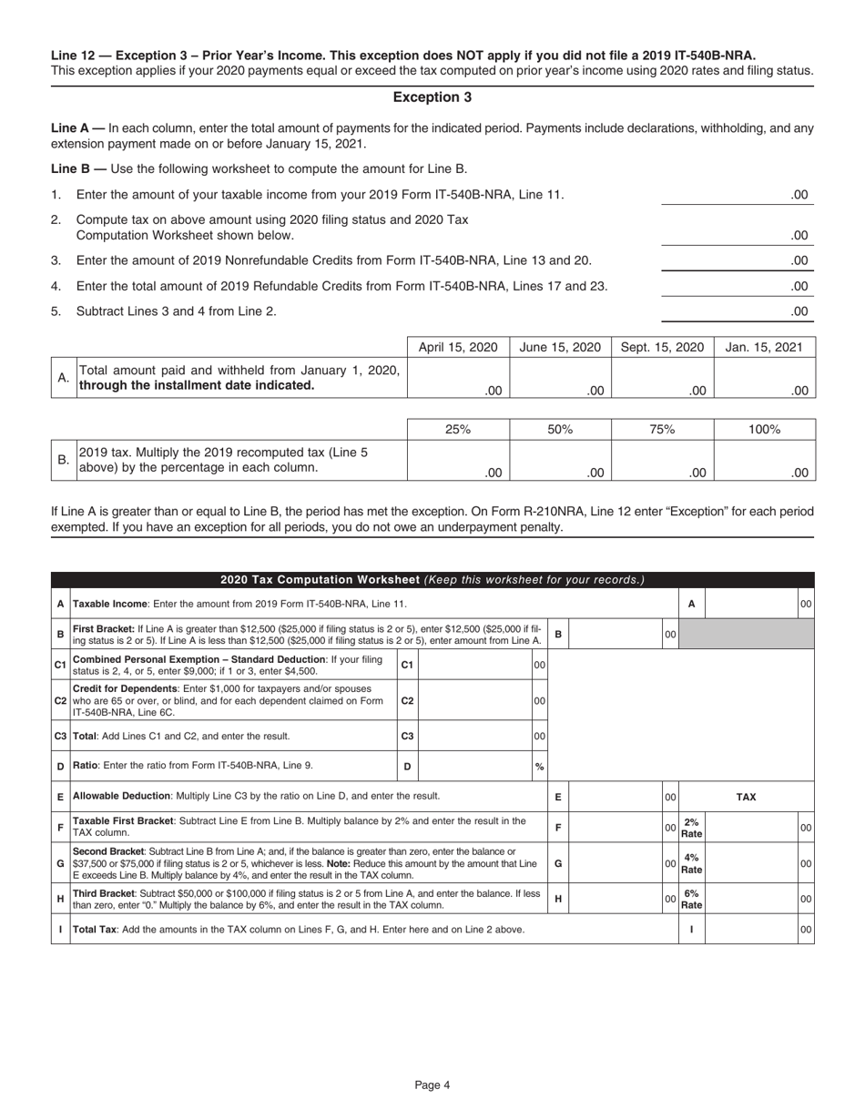 Instructions for Form R-210NRA Underpayment of Individual Income Tax Penalty Computation - Nonresident Professional Athlete - Louisiana, Page 4