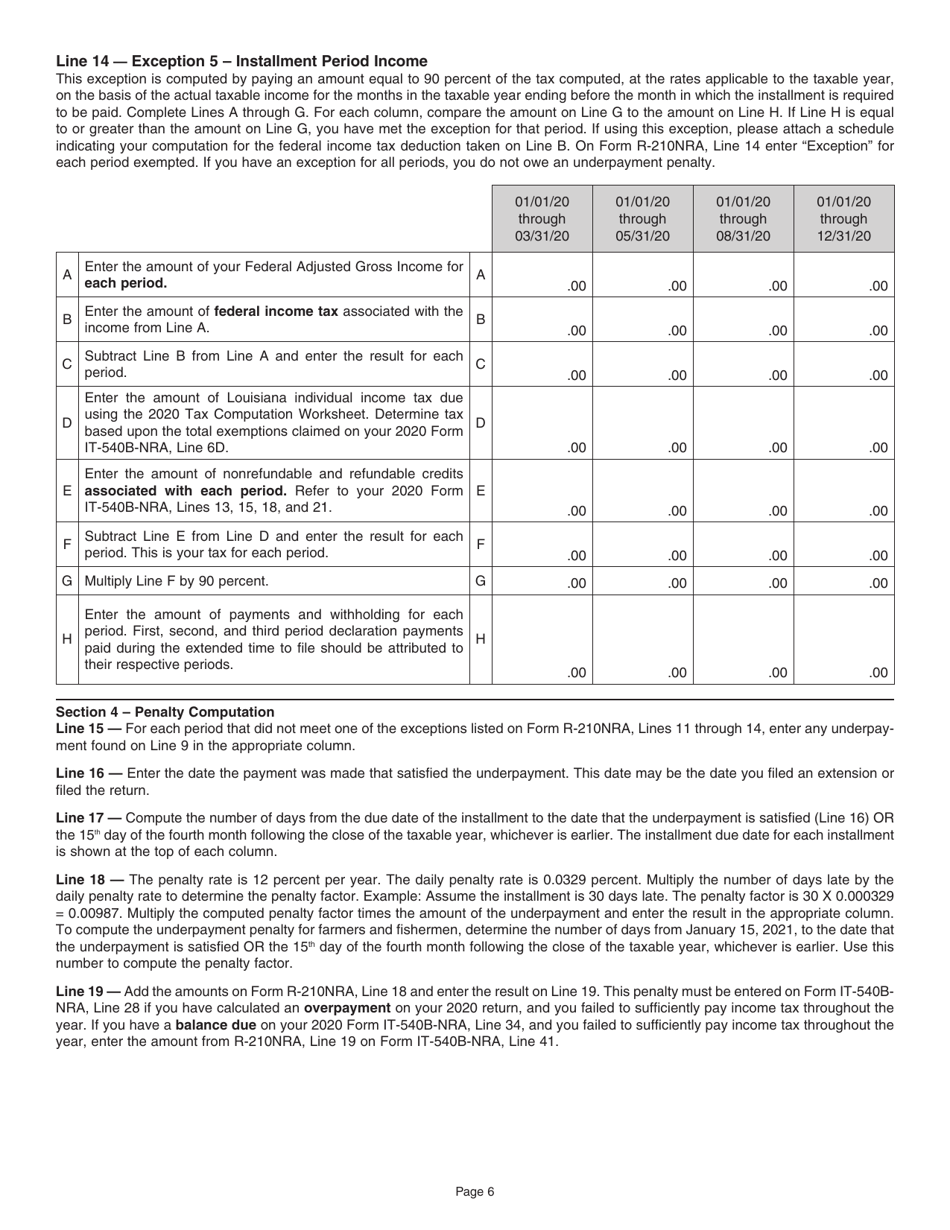 Instructions for Form R-210NRA Underpayment of Individual Income Tax Penalty Computation - Nonresident Professional Athlete - Louisiana, Page 6
