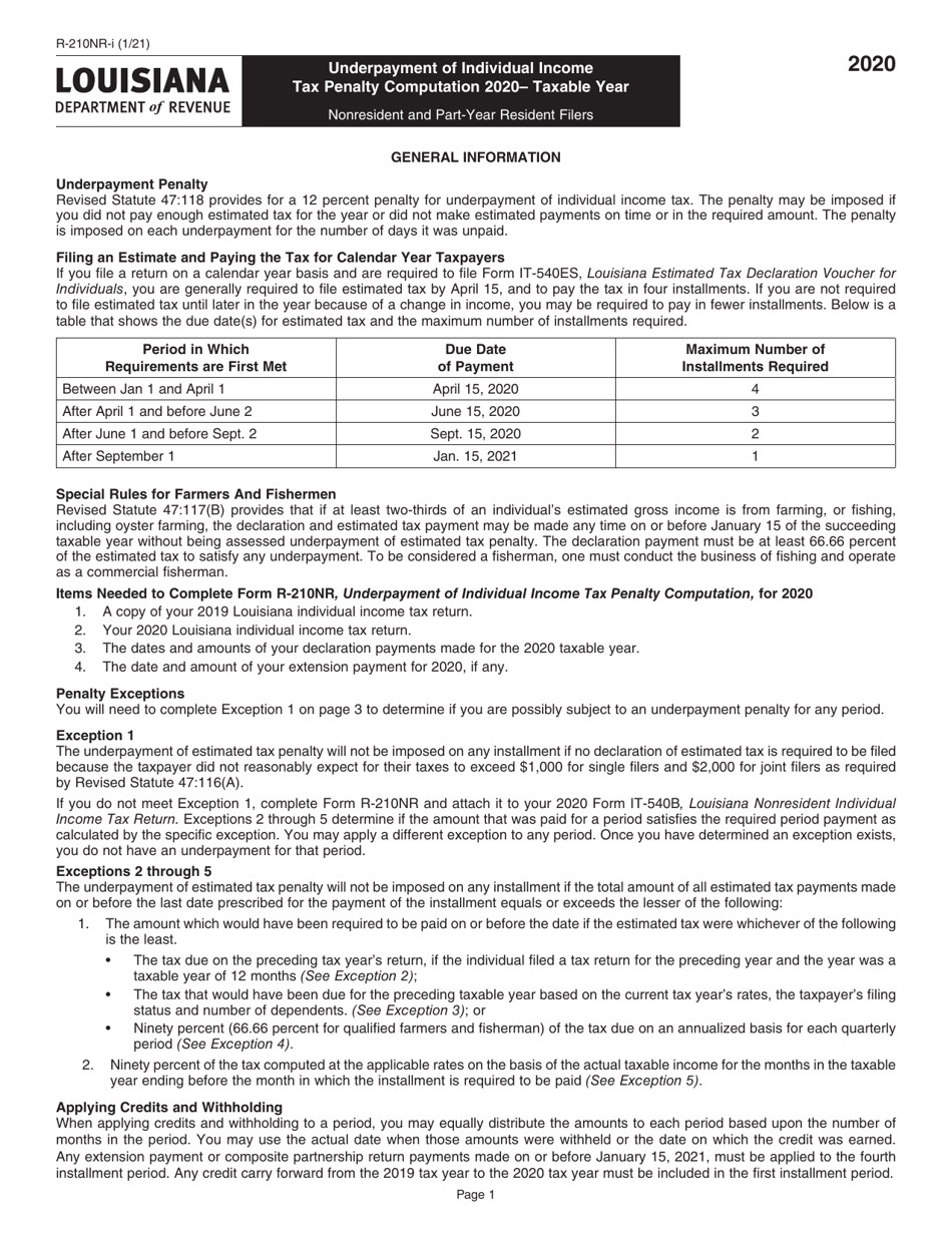 Instructions for Form R-210NR Underpayment of Individual Income Tax Penalty Computation - Non-resident and Part-Year Resident - Louisiana, Page 1