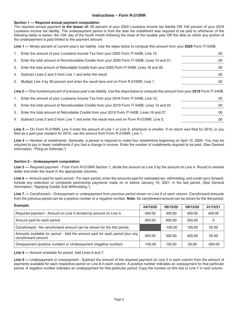 Instructions for Form R-210NR Underpayment of Individual Income Tax Penalty Computation - Non-resident and Part-Year Resident - Louisiana, Page 2
