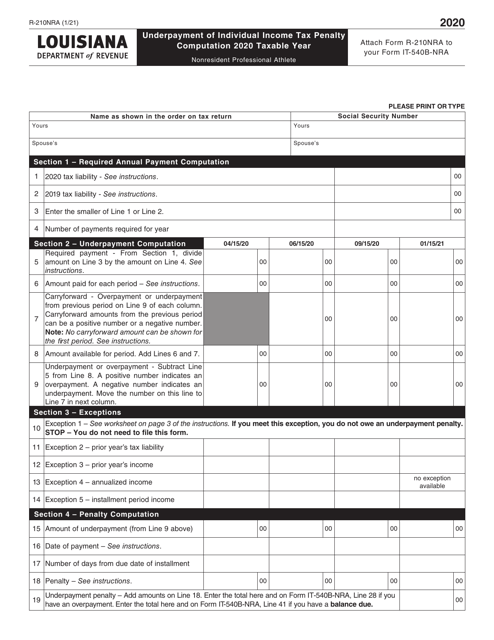 Form R-210NRA Underpayment of Individual Income Tax Penalty Computation - Nonresident Professional Athlete - Louisiana, 2020