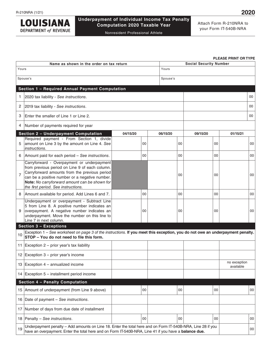 Form R-210NRA Underpayment of Individual Income Tax Penalty Computation - Nonresident Professional Athlete - Louisiana, Page 1