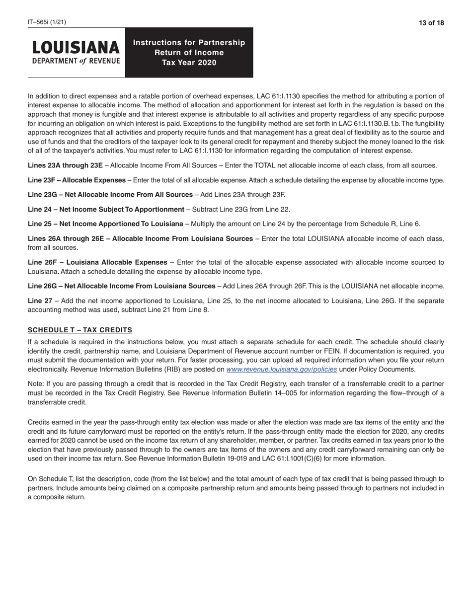 Instructions for Form IT-565 Partnership Return of Income - Louisiana, Page 13