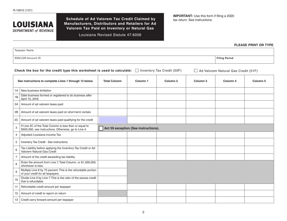 Form R-10610 Schedule of Ad Valorem Tax Credit Claimed by Manufacturers, Distributors and Retailers for Ad Valorem Tax Paid on Inventory or Natural Gas - Louisiana, Page 2