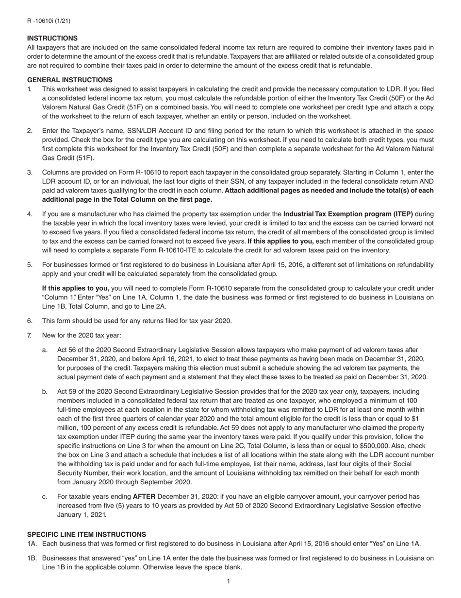 Form R-10610 Schedule of Ad Valorem Tax Credit Claimed by Manufacturers, Distributors and Retailers for Ad Valorem Tax Paid on Inventory or Natural Gas - Louisiana, Page 3