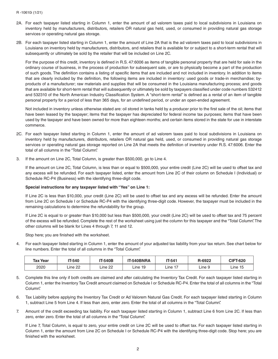 Form R-10610 Schedule of Ad Valorem Tax Credit Claimed by Manufacturers, Distributors and Retailers for Ad Valorem Tax Paid on Inventory or Natural Gas - Louisiana, Page 4