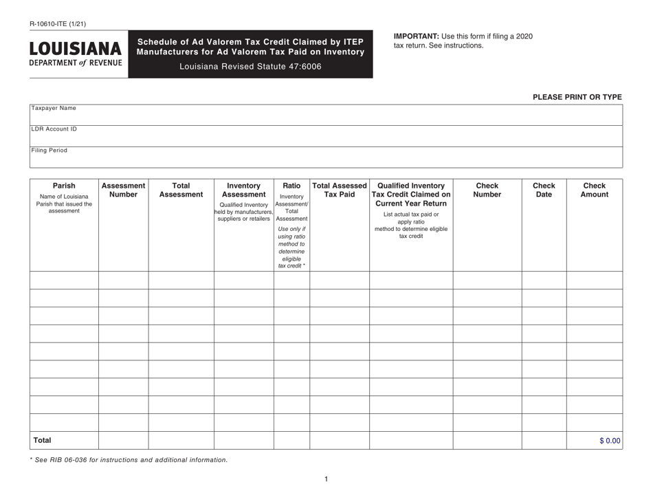 Form R-10610-ITE Schedule of Ad Valorem Tax Credit Claimed by Itep Manufacturers for Ad Valorem Tax Paid on Inventory - Louisiana, Page 1