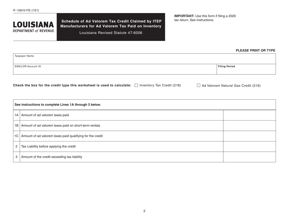 Form R-10610-ITE Schedule of Ad Valorem Tax Credit Claimed by Itep Manufacturers for Ad Valorem Tax Paid on Inventory - Louisiana, Page 2