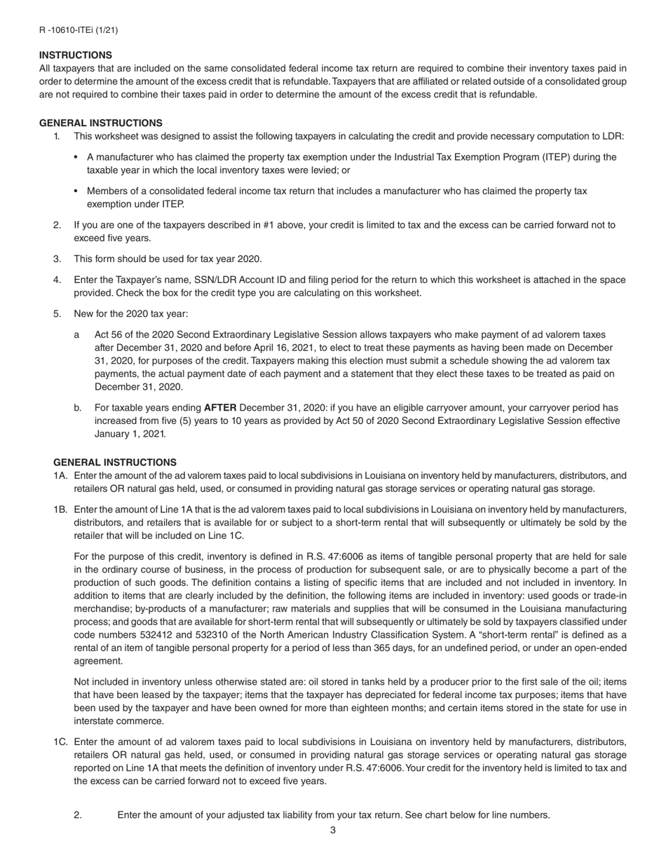 Form R-10610-ITE Schedule of Ad Valorem Tax Credit Claimed by Itep Manufacturers for Ad Valorem Tax Paid on Inventory - Louisiana, Page 3