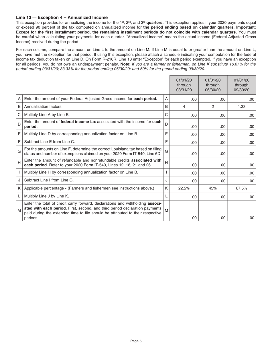Instructions for Form R-210R Underpayment of Individual Income Tax Penalty Computation - Resident Filers - Louisiana, Page 5