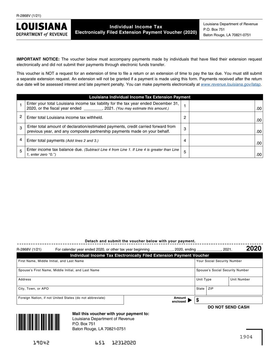 Form R-2868V Individual Income Tax Electronically Filed Extension Payment Voucher - Louisiana, Page 1