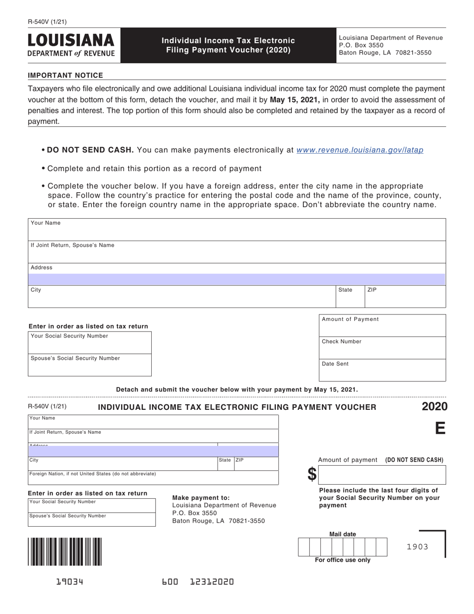 Form R-540V Individual Income Tax Electronic Filing Payment Voucher - Louisiana, Page 1