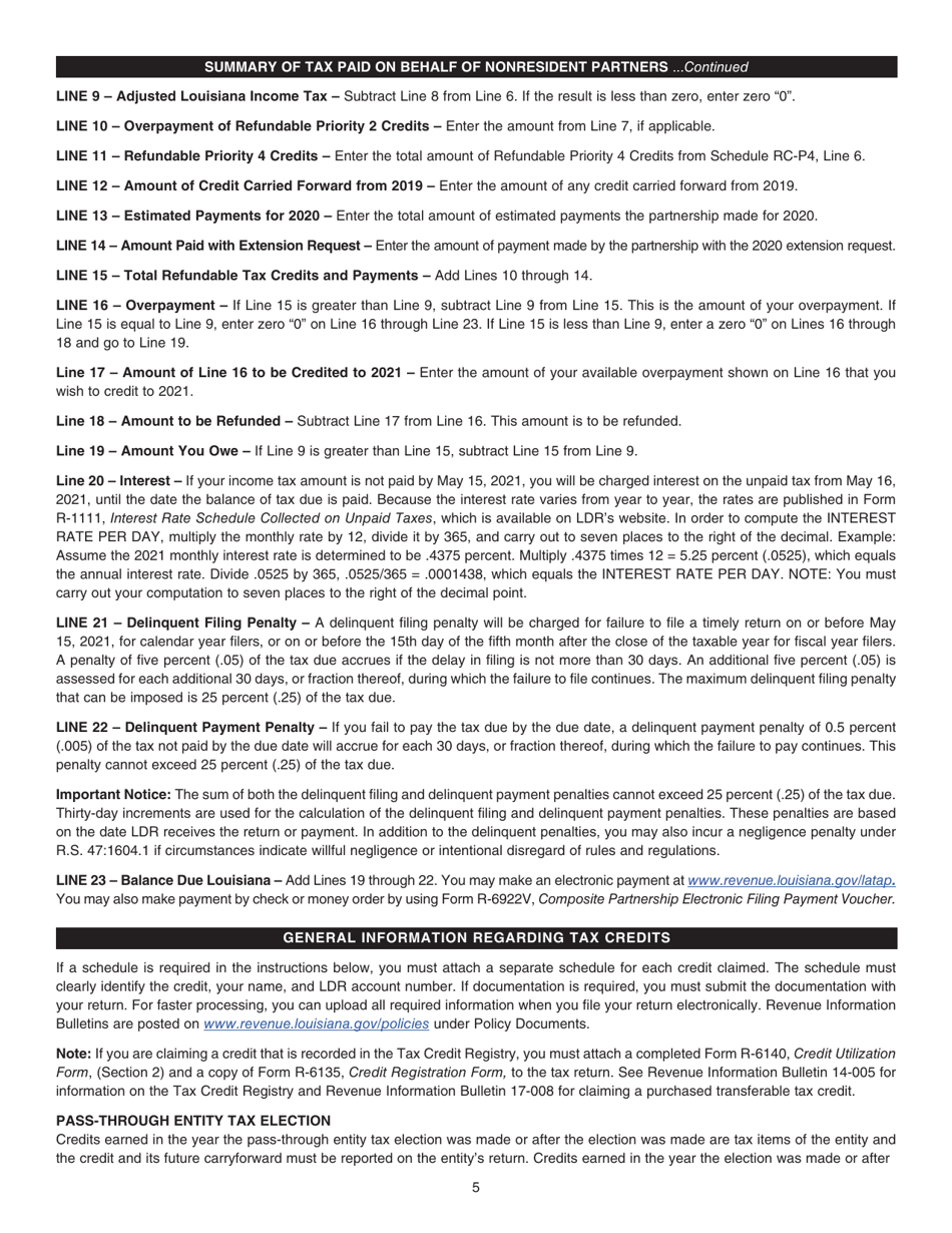 Instructions for Form R-6922 Louisiana Composite Partnership Return - Louisiana, Page 5