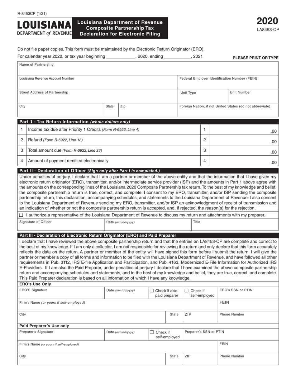 Form R-8453CP (LA8453-CP) Composite Partnership Tax Declaration for Electronic Filing - Louisiana, Page 1