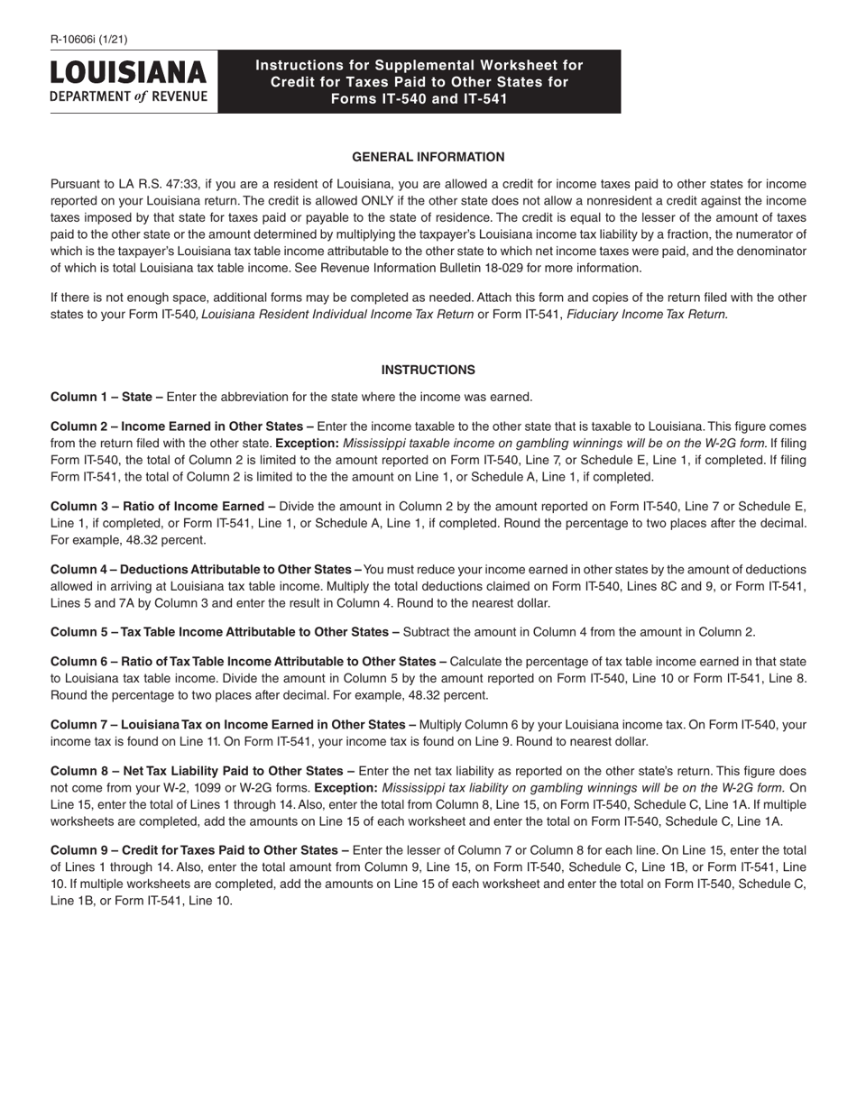 Form R-10606 Supplemental Worksheet for Credit for Taxes Paid to Other States for Forms It-540 and It-541 - Louisiana, Page 2