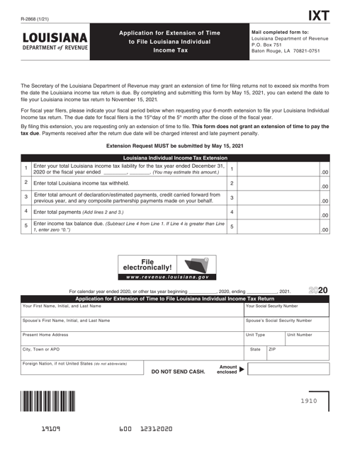Form R-2868 Application for Extension of Time to File Louisiana Individual Income Tax - Louisiana, 2020