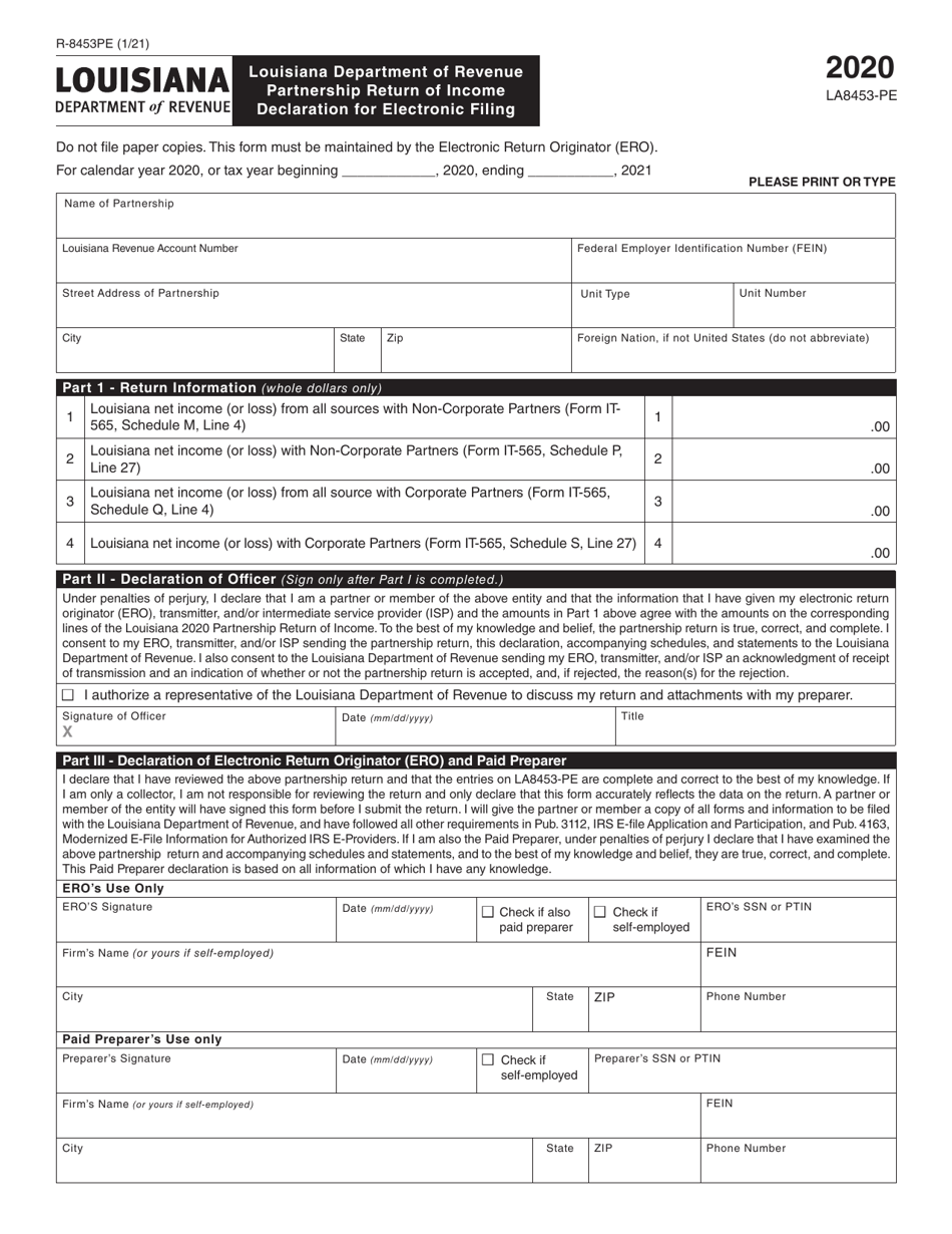 Form R-8453PE (LA8453-PE) Partnership Return of Income Declaration for Electronic Filing - Louisiana, Page 1