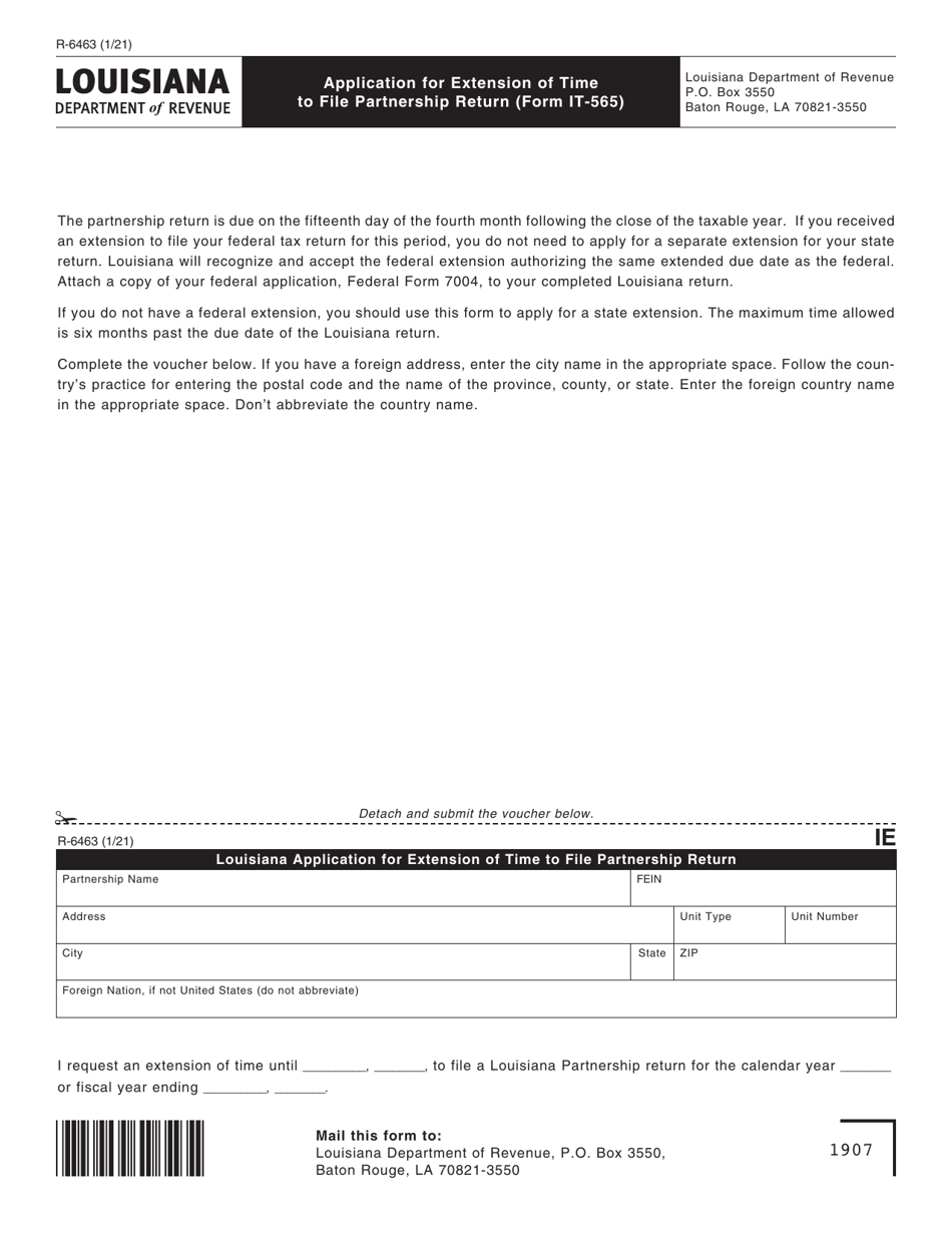Form R-6463 (IT-565) Application for Extension of Time to File Partnership Return - Louisiana, Page 1