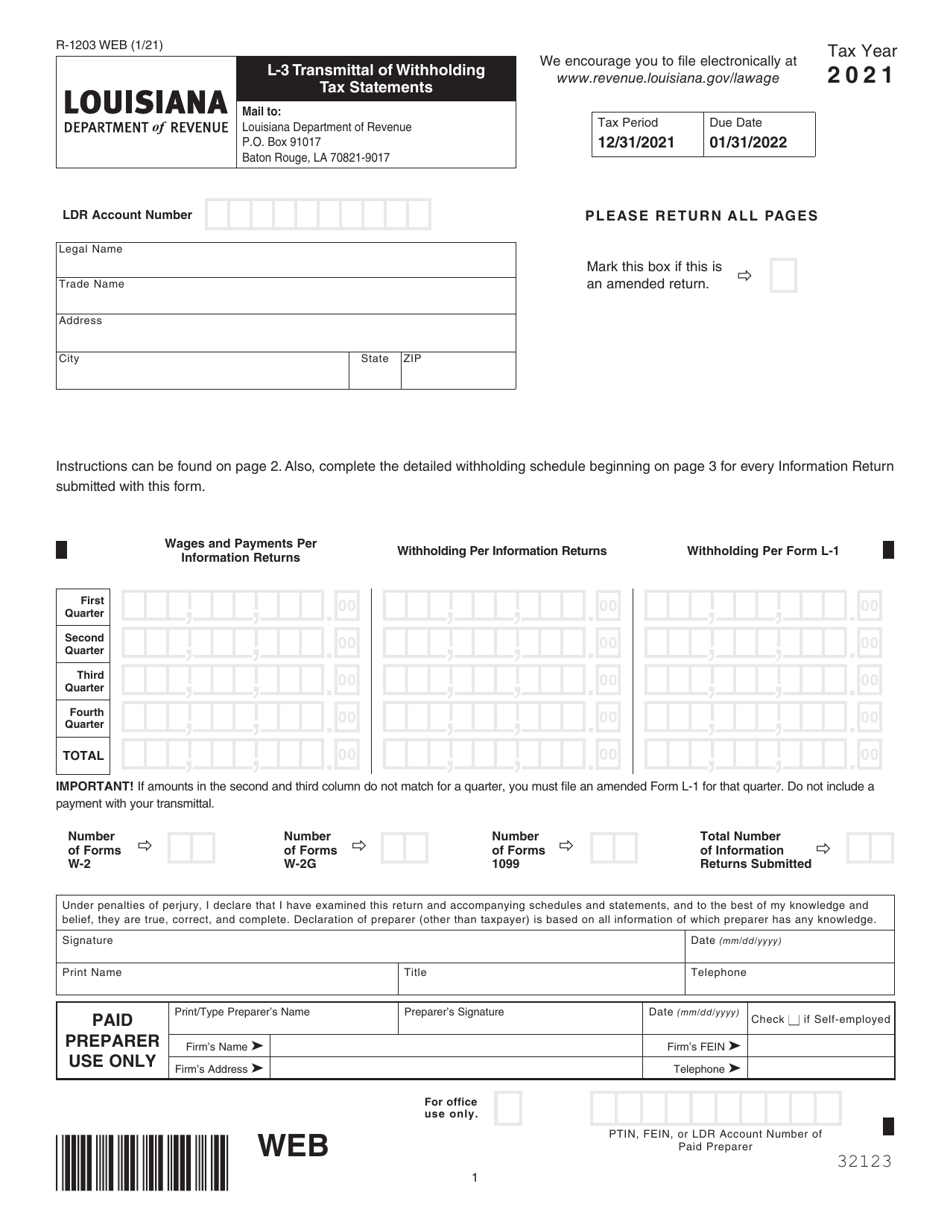 Form L-3 (R-1203) Transmittal of Withholding Tax Statements - Louisiana, Page 1