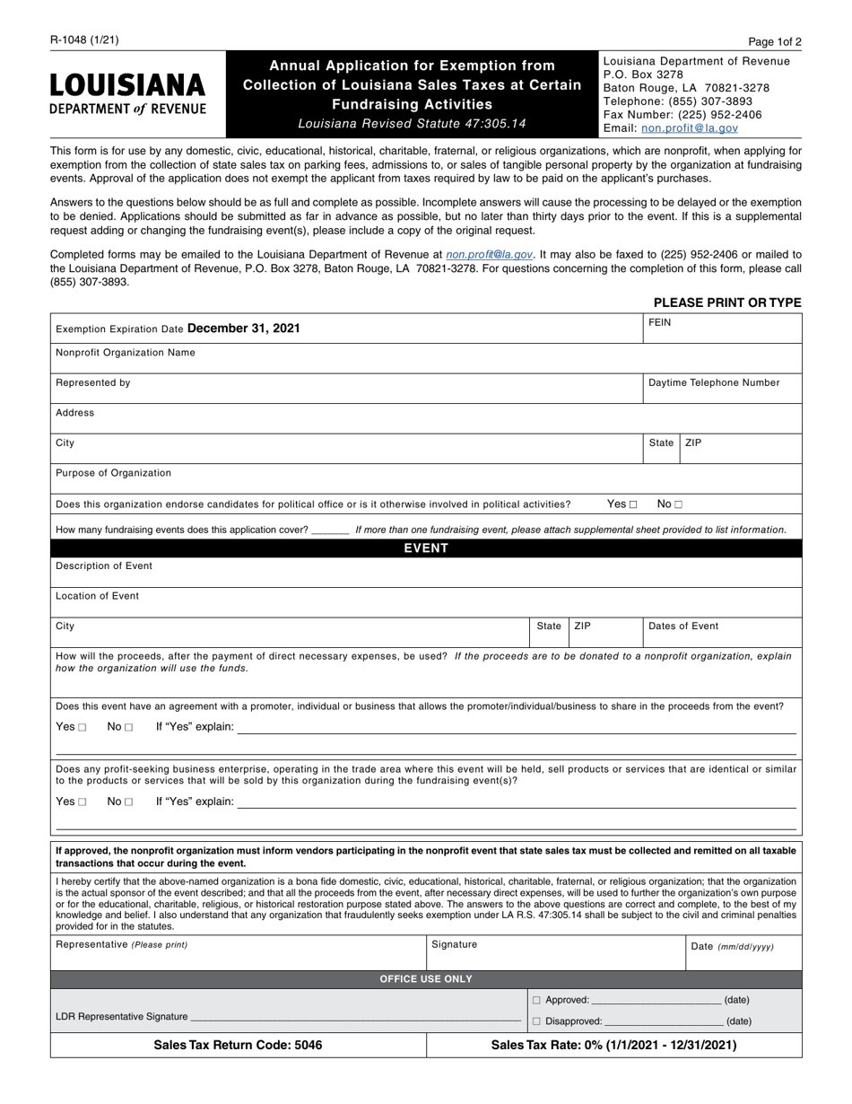 Form R 1048 Download Fillable Pdf Or Fill Online Annual Application For Exemption From 0845