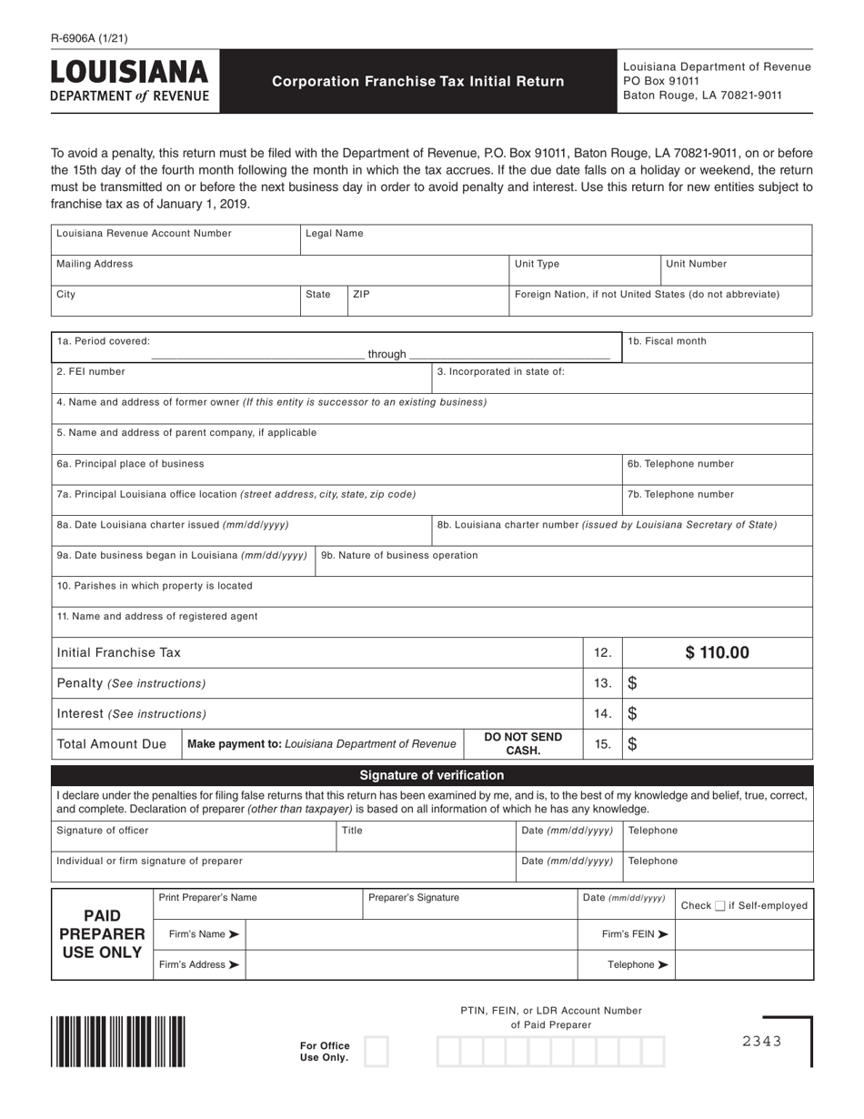 Form R-6906A Corporation Franchise Initial Tax Return - Louisiana, Page 1