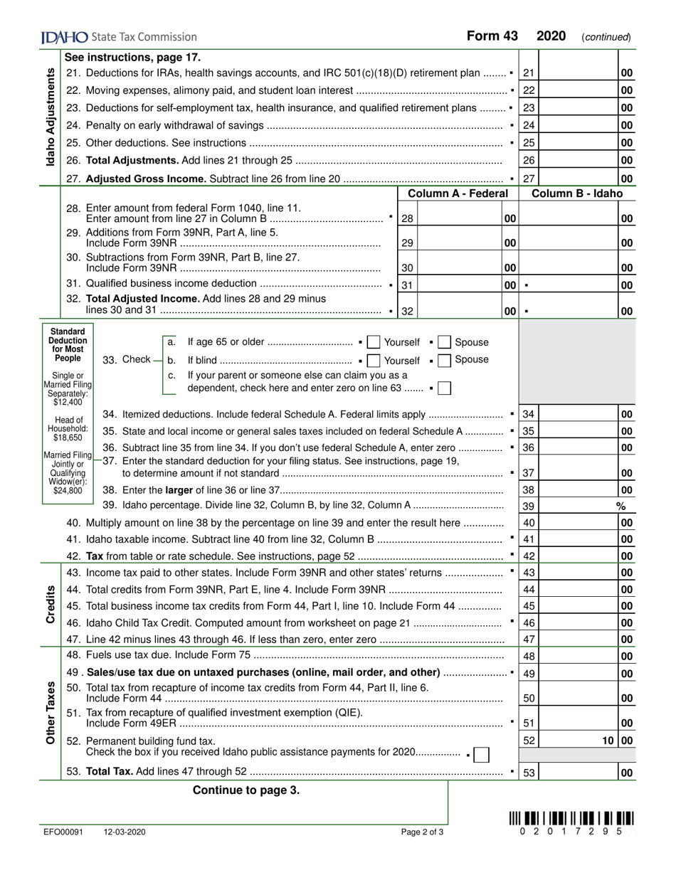 Form 43 (EFO00091) Part-Year Resident and Nonresident Income Tax Return - Idaho, Page 2