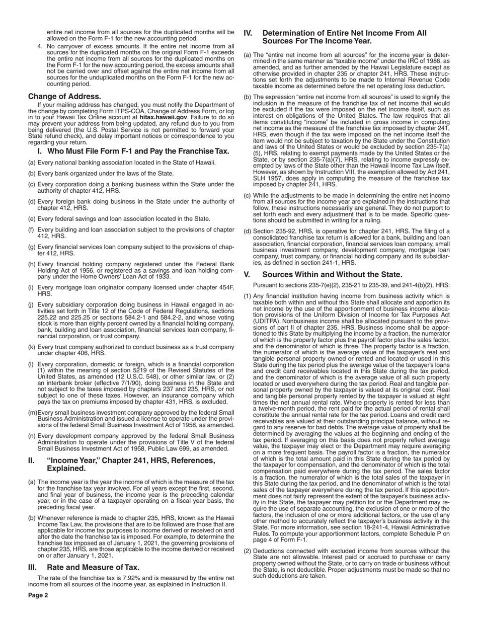 Instructions for Form F-1 Franchise Tax Return - Hawaii, Page 2
